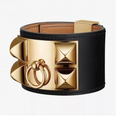 Hermès Bracelete de Couro Collier de Chien Inspired Preto e Dourado
